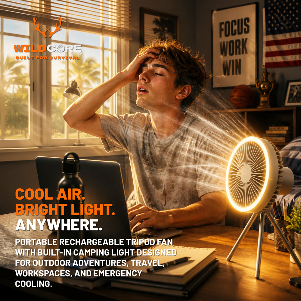 Wildcore BreezeGlow™ Portable USB Tripod Camping Fan with LED Light