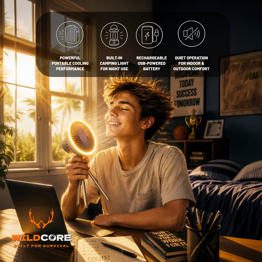 Wildcore BreezeGlow™ Portable USB Tripod Camping Fan with LED Light