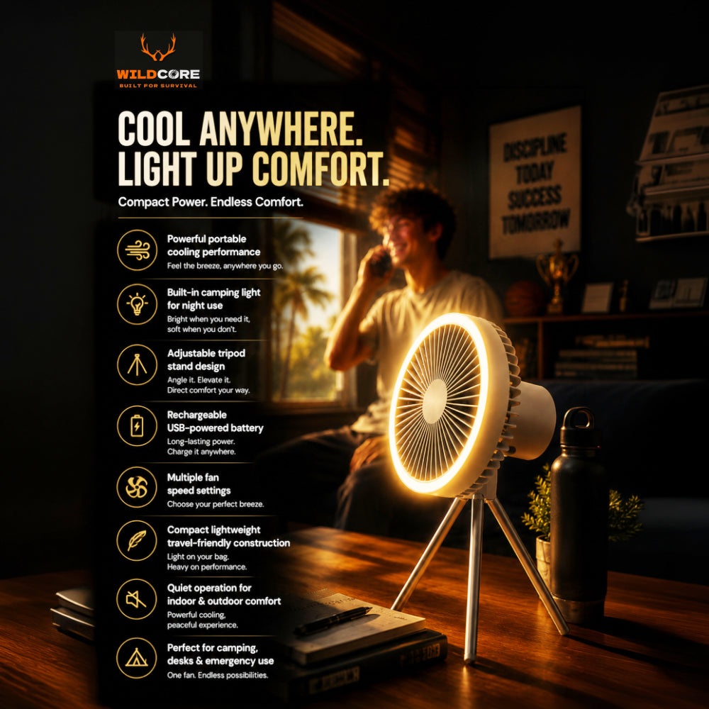 Wildcore BreezeGlow™ Portable USB Tripod Camping Fan with LED Light