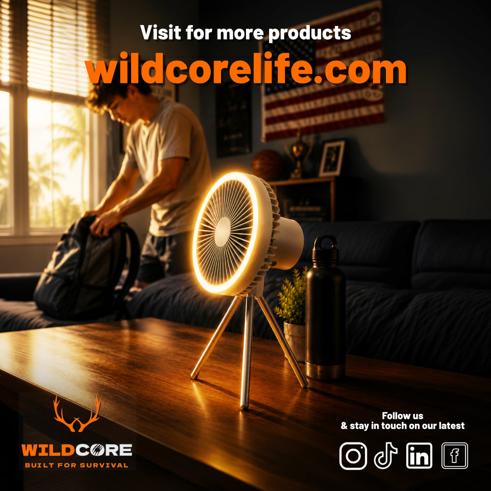 Wildcore BreezeGlow™ Portable USB Tripod Camping Fan with LED Light